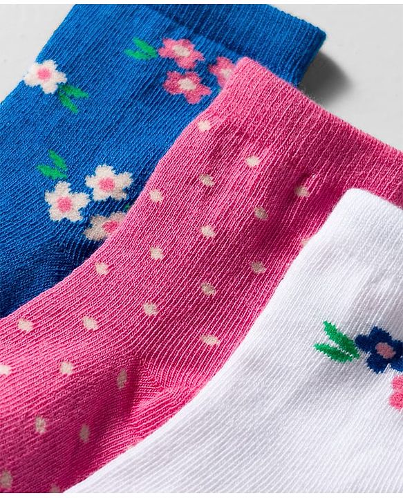 Cute Walk by Babyhug Knit Ankle Length Anti Bacterial Socks with Floral Design Pack of 3 - Navy Blue Pink & White