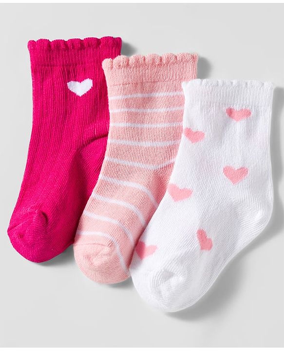 Cute Walk by Babyhug Knit Ankle Length Anti Bacterial Socks with Heart Design & Stripes Pack of 3 - Dark Pink White & Pink