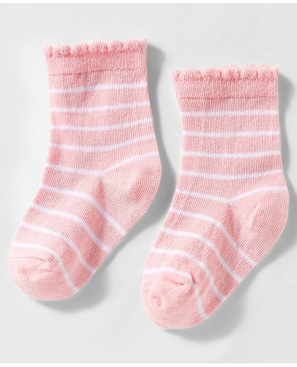 Cute Walk by Babyhug Knit Ankle Length Anti Bacterial Socks with Heart Design & Stripes Pack of 3 - Dark Pink White & Pink