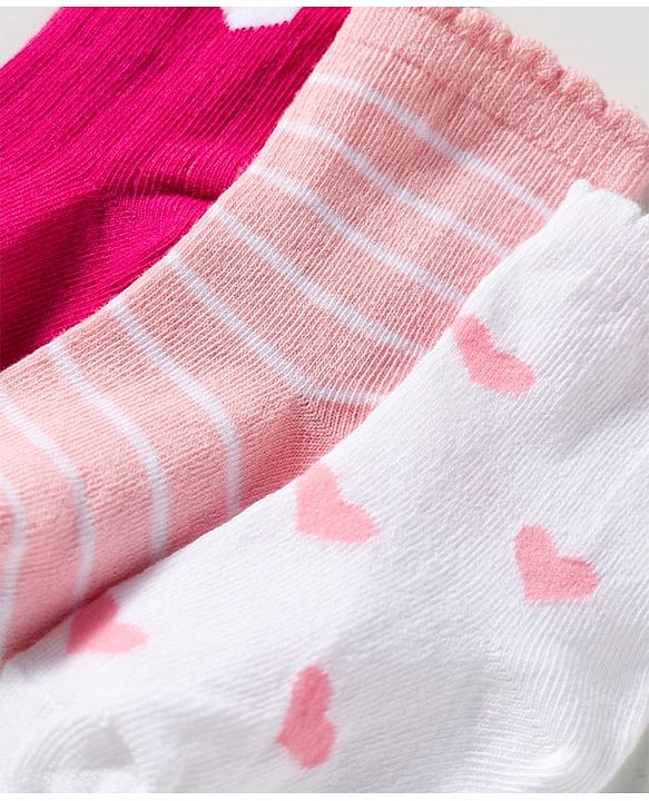Cute Walk by Babyhug Knit Ankle Length Anti Bacterial Socks with Heart Design & Stripes Pack of 3 - Dark Pink White & Pink