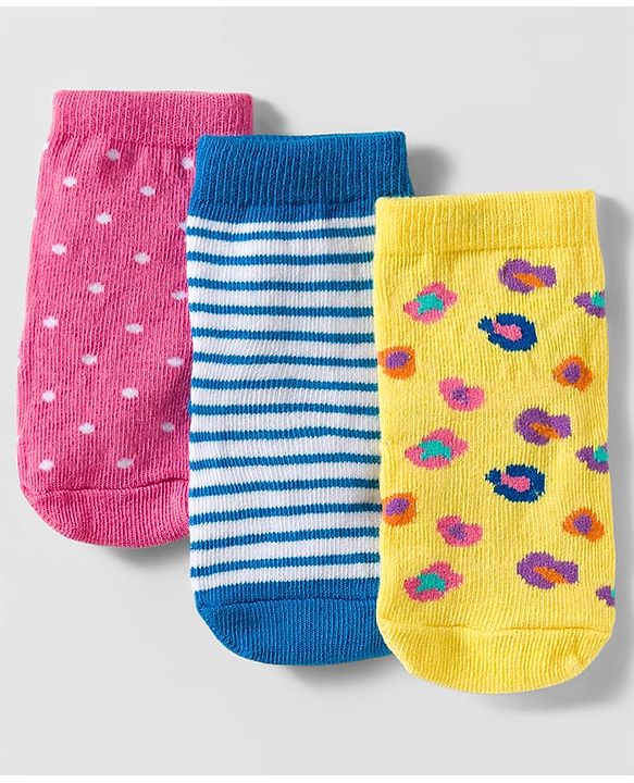 Cute Walk by Babyhug Knit Ankle Length Anti Bacterial Socks with Polka Dot Design & Stripes Pack of 3 - Pink Blue & Yellow