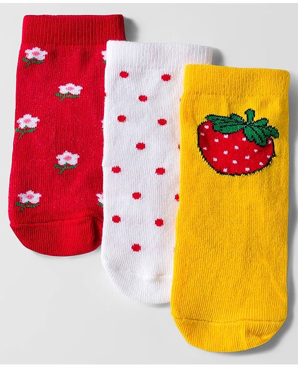 Cute Walk by Babyhug Knit Ankle Length Anti Bacterial Socks with Floral Polka Dot & Strawberry Design Pack of 3 - Yellow Red & White
