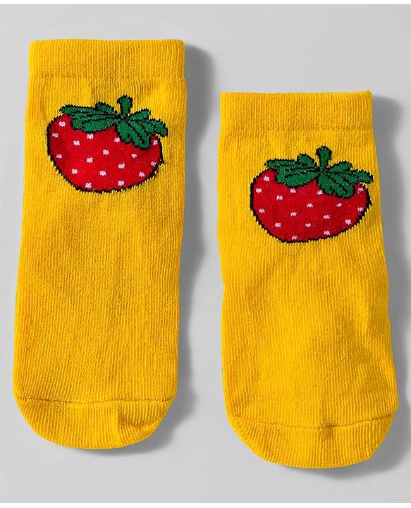 Cute Walk by Babyhug Knit Ankle Length Anti Bacterial Socks with Floral Polka Dot & Strawberry Design Pack of 3 - Yellow Red & White