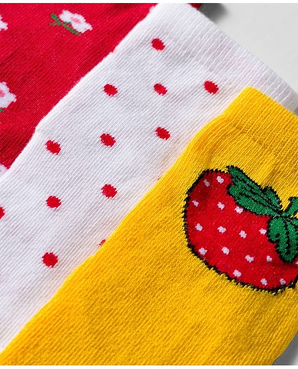 Cute Walk by Babyhug Knit Ankle Length Anti Bacterial Socks with Floral Polka Dot & Strawberry Design Pack of 3 - Yellow Red & White