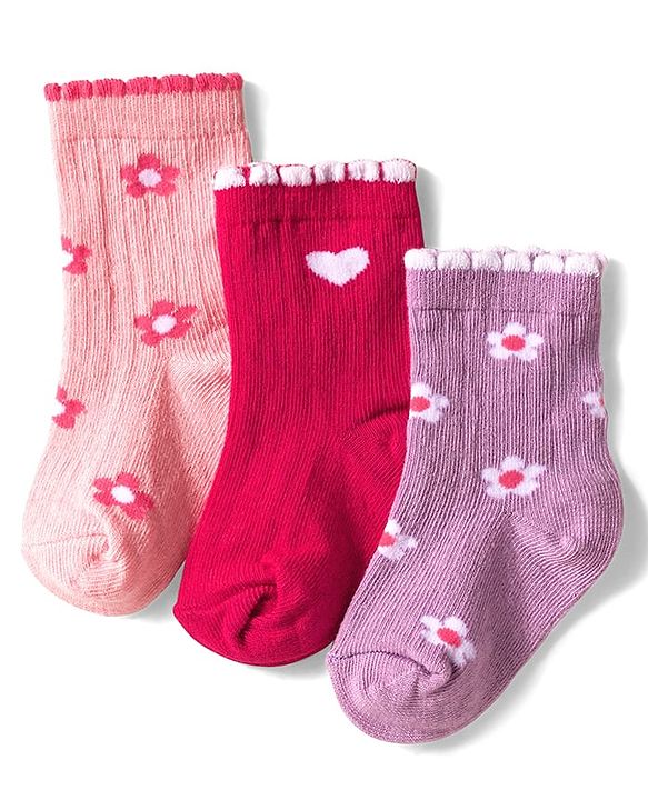Cute Walk by Babyhug Knit Ankle Length Anti Bacterial Socks with Floral Design Pack of 3 - Pink Red & Purple