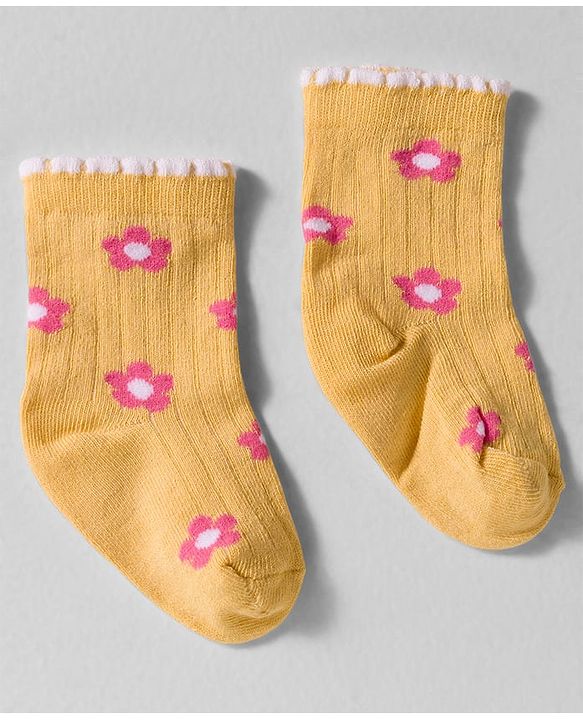 Cute Walk by Babyhug Knit Ankle Length Anti-bacterial Socks with Floral Print Pack of 3 - Yellow White & Pink
