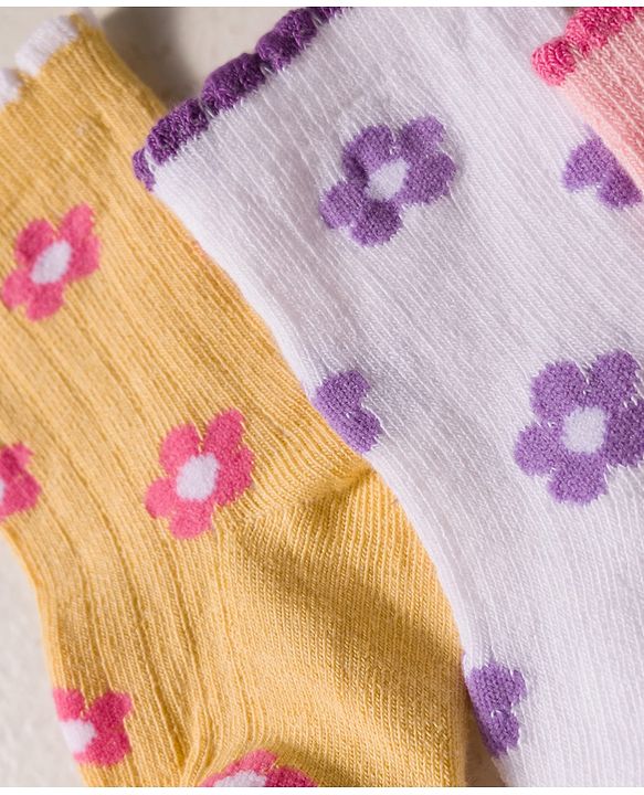 Cute Walk by Babyhug Knit Ankle Length Anti-bacterial Socks with Floral Print Pack of 3 - Yellow White & Pink