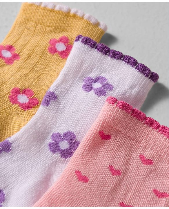 Cute Walk by Babyhug Knit Ankle Length Anti-bacterial Socks with Floral Print Pack of 3 - Yellow White & Pink