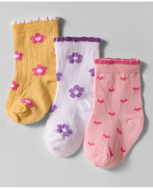 Cute Walk by Babyhug Knit Ankle Length Anti-bacterial Socks with Floral Print Pack of 3 - Yellow White & Pink