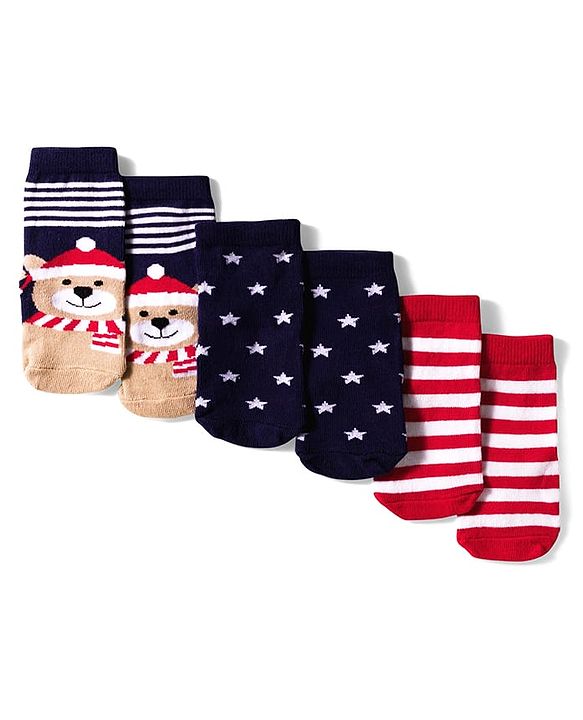Cute Walk by Babyhug Knit Ankle Length Anti Bacterial Socks with Bear & Star Design Pack of 3 - Brown Navy Blue & Red