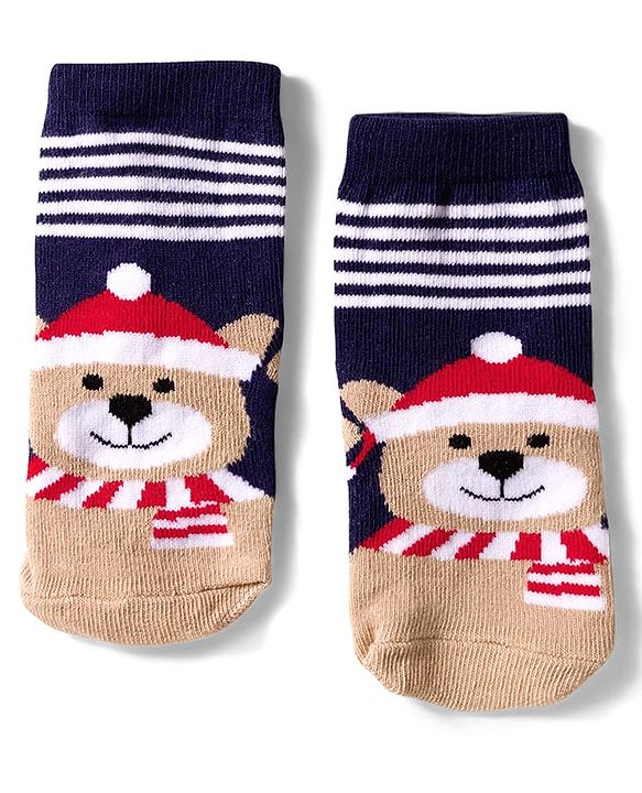Cute Walk by Babyhug Knit Ankle Length Anti Bacterial Socks with Bear & Star Design Pack of 3 - Brown Navy Blue & Red