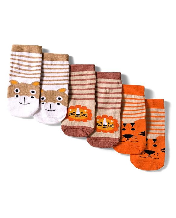 Cute Walk by Babyhug Knit Ankle Length Anti Bacterial Socks with Lion & Tiger Design Pack of 3 -  Brown & Orange