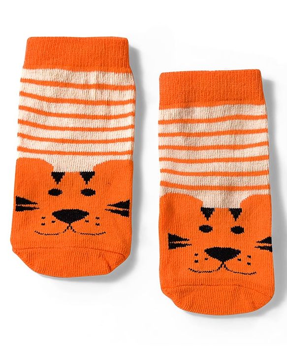 Cute Walk by Babyhug Knit Ankle Length Anti Bacterial Socks with Lion & Tiger Design Pack of 3 -  Brown & Orange