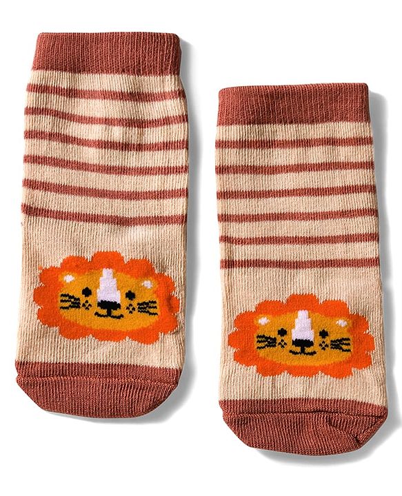 Cute Walk by Babyhug Knit Ankle Length Anti Bacterial Socks with Lion & Tiger Design Pack of 3 -  Brown & Orange