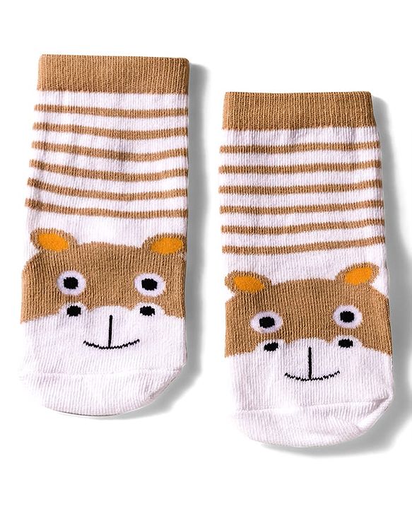 Cute Walk by Babyhug Knit Ankle Length Anti Bacterial Socks with Lion & Tiger Design Pack of 3 -  Brown & Orange