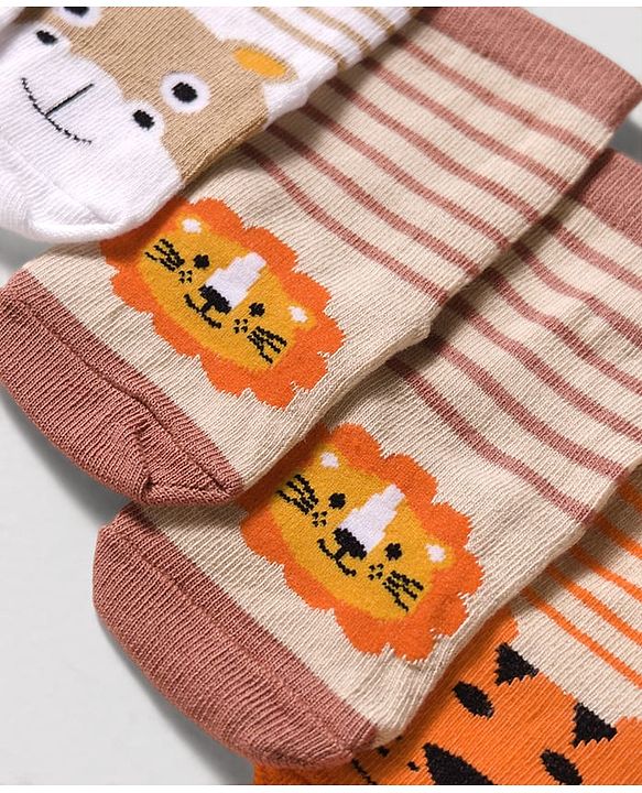Cute Walk by Babyhug Knit Ankle Length Anti Bacterial Socks with Lion & Tiger Design Pack of 3 -  Brown & Orange