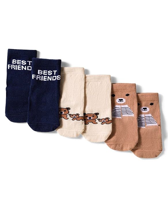 Cute Walk by Babyhug Knit Ankle Length Anti Bacterial Socks with Text & Bear Design Pack of 3 - Brown & Blue