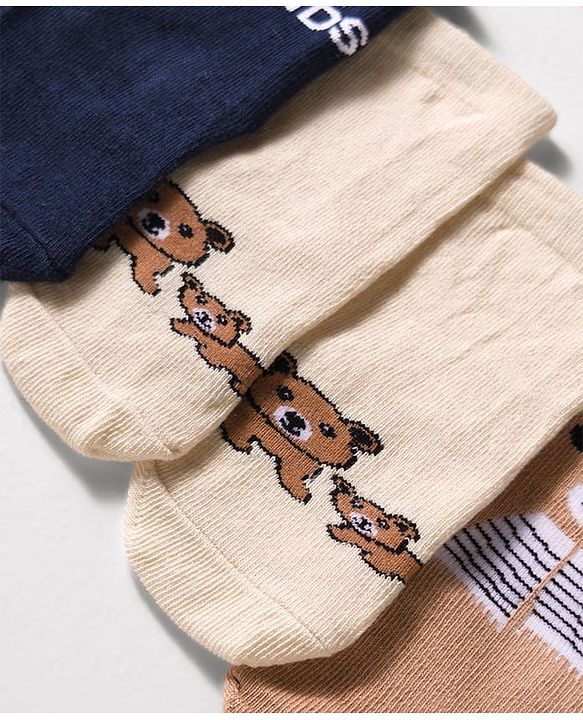 Cute Walk by Babyhug Knit Ankle Length Anti Bacterial Socks with Text & Bear Design Pack of 3 - Brown & Blue