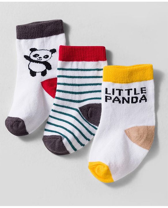 Cute Walk by Babyhug Knit Ankle Length Anti-bacterial Socks with Stripes Animal Print Pack of 3 - White