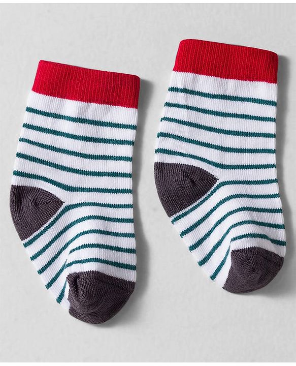 Cute Walk by Babyhug Knit Ankle Length Anti-bacterial Socks with Stripes Animal Print Pack of 3 - White