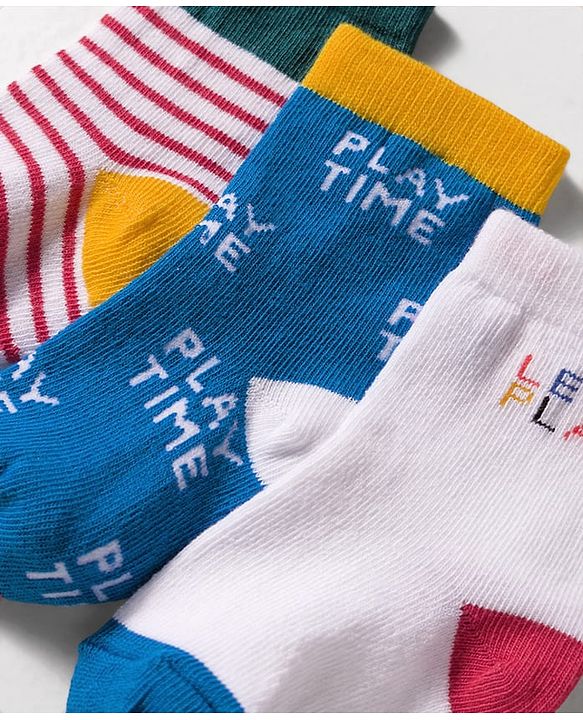 Cute Walk by Babyhug Knit Ankle Length Anti Bacterial Socks with Text & Stripe Design Pack of 3 - White Blue & Red