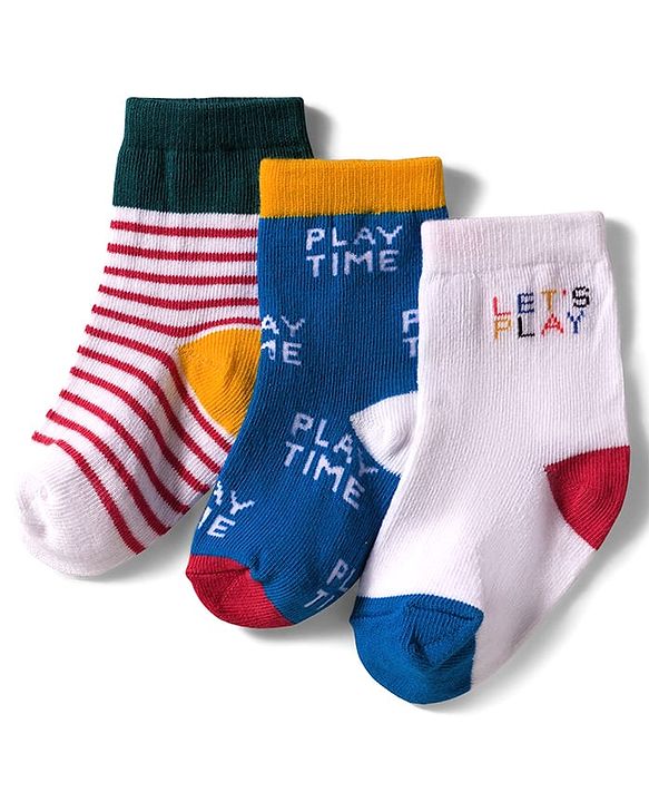 Cute Walk by Babyhug Knit Ankle Length Anti Bacterial Socks with Text & Stripe Design Pack of 3 - White Blue & Red