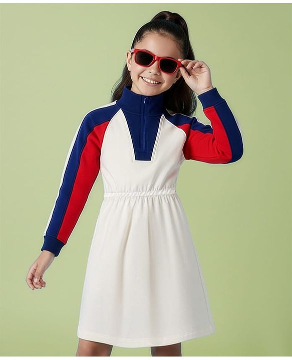 Pine Kids Cotton Knit Full Raglan Sleeves High Neck Winter Frock with Tape Detailing - White