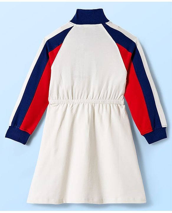 Pine Kids Cotton Knit Full Raglan Sleeves High Neck Winter Frock with Tape Detailing - White
