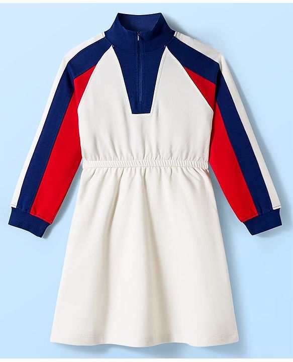 Pine Kids Cotton Knit Full Raglan Sleeves High Neck Winter Frock with Tape Detailing - White