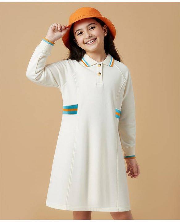 Pine Kids Cotton Knit Full Raglan Sleeves Winter Frock - Marshmallow White