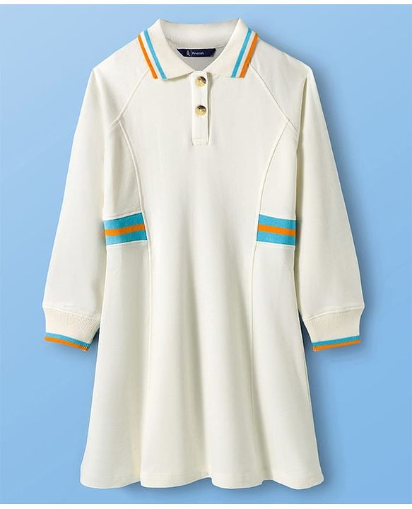 Pine Kids Cotton Knit Full Raglan Sleeves Winter Frock - Marshmallow White