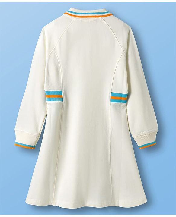 Pine Kids Cotton Knit Full Raglan Sleeves Winter Frock - Marshmallow White