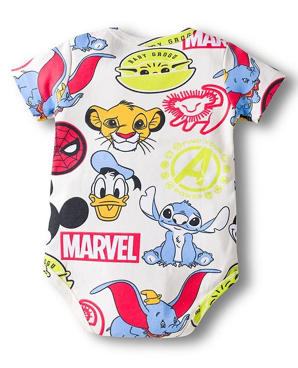 Babyhug Disney Interlock Knit Half Sleeves Onesie & Diaper Legging With Pony Cap Set  Disney Character Print- White