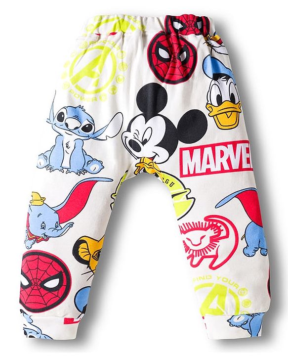 Babyhug Disney Interlock Knit Half Sleeves Onesie & Diaper Legging With Pony Cap Set  Disney Character Print- White