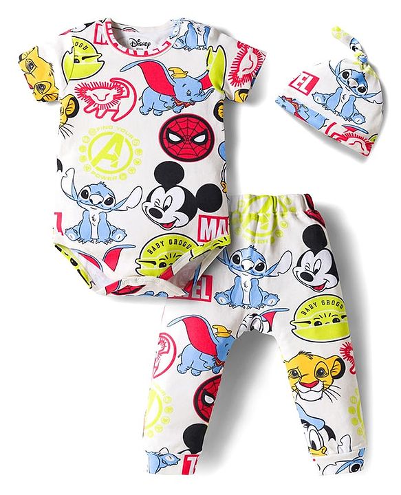 Babyhug Disney Interlock Knit Half Sleeves Onesie & Diaper Legging With Pony Cap Set  Disney Character Print- White