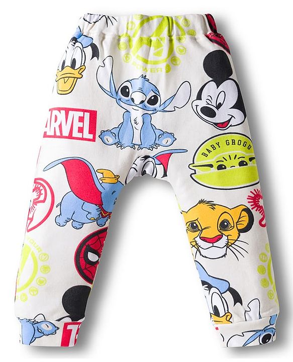 Babyhug Disney Interlock Knit Half Sleeves Onesie & Diaper Legging With Pony Cap Set  Disney Character Print- White