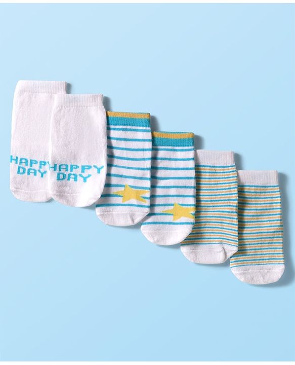 Cute Walk by Babyhug Knit Ankle Length Anti Bacterial Socks with Text & Stripe Design Pack of 3 - White & Light Blue