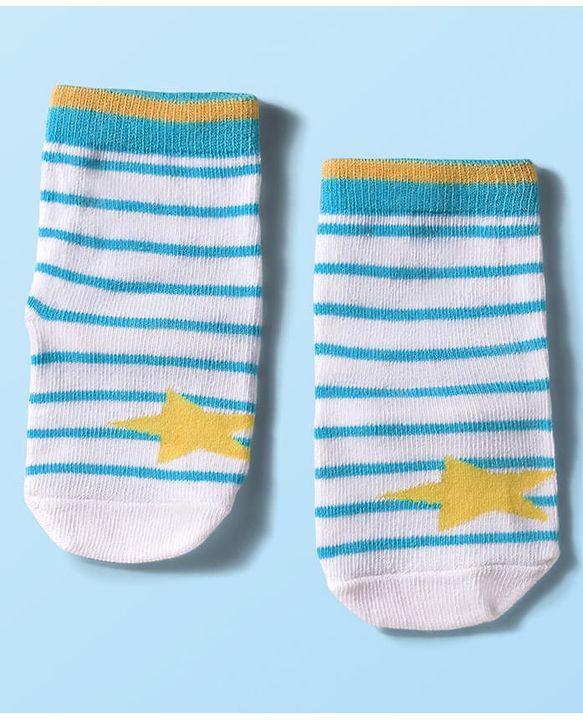 Cute Walk by Babyhug Knit Ankle Length Anti Bacterial Socks with Text & Stripe Design Pack of 3 - White & Light Blue