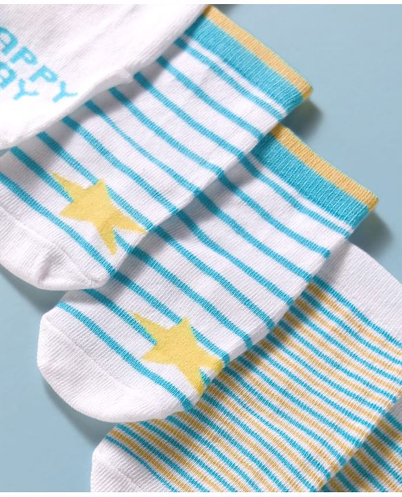 Cute Walk by Babyhug Knit Ankle Length Anti Bacterial Socks with Text & Stripe Design Pack of 3 - White & Light Blue