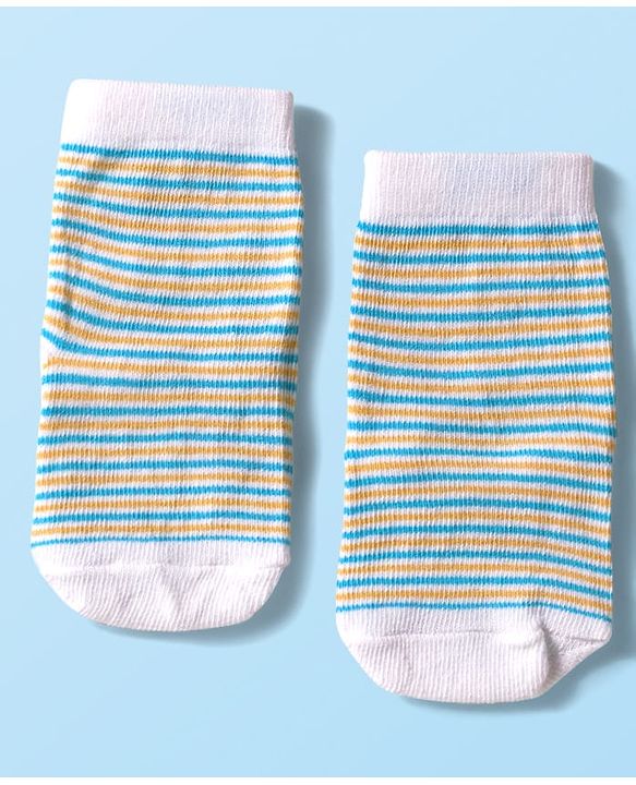 Cute Walk by Babyhug Knit Ankle Length Anti Bacterial Socks with Text & Stripe Design Pack of 3 - White & Light Blue