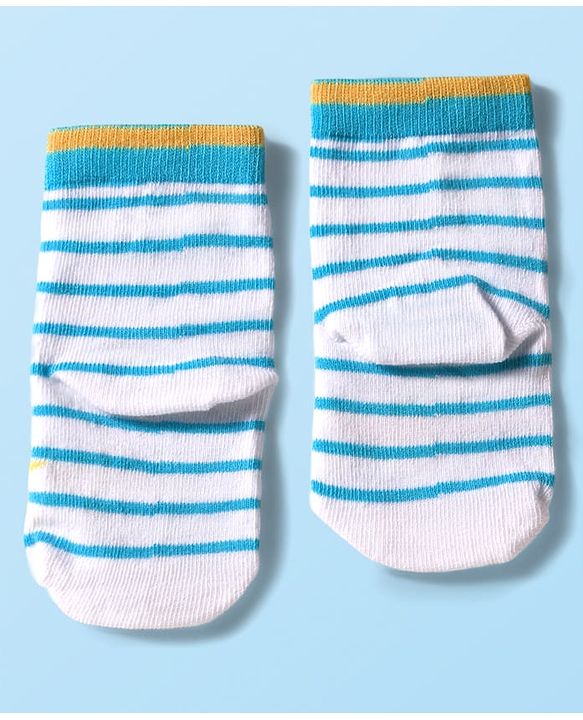 Cute Walk by Babyhug Knit Ankle Length Anti Bacterial Socks with Text & Stripe Design Pack of 3 - White & Light Blue