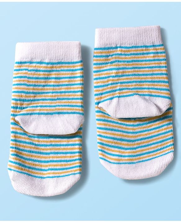 Cute Walk by Babyhug Knit Ankle Length Anti Bacterial Socks with Text & Stripe Design Pack of 3 - White & Light Blue
