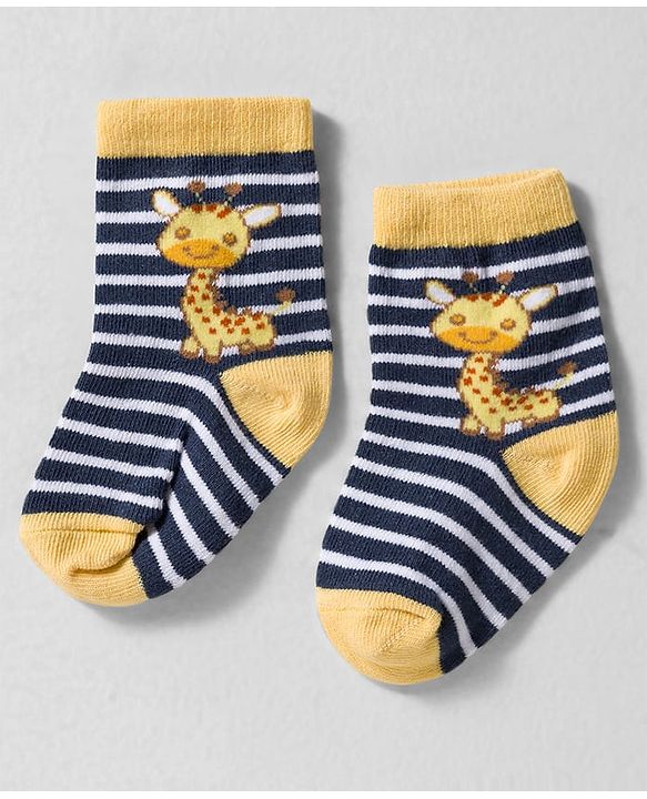 Cute Walk by Babyhug Knit Ankle Length Anti-bacterial Socks with Strips & Animal Pack of 3 - Yellow & Navy Blue
