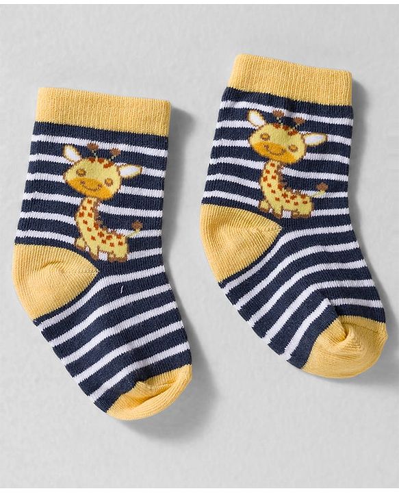 Cute Walk by Babyhug Knit Ankle Length Anti-bacterial Socks with Strips & Animal Pack of 3 - Yellow & Navy Blue