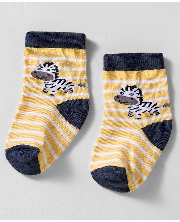 Cute Walk by Babyhug Knit Ankle Length Anti-bacterial Socks with Strips & Animal Pack of 3 - Yellow & Navy Blue