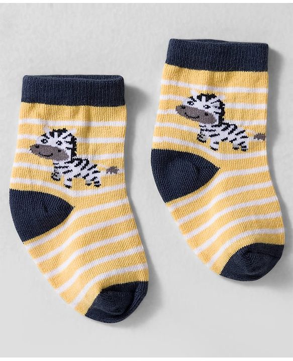 Cute Walk by Babyhug Knit Ankle Length Anti-bacterial Socks with Strips & Animal Pack of 3 - Yellow & Navy Blue
