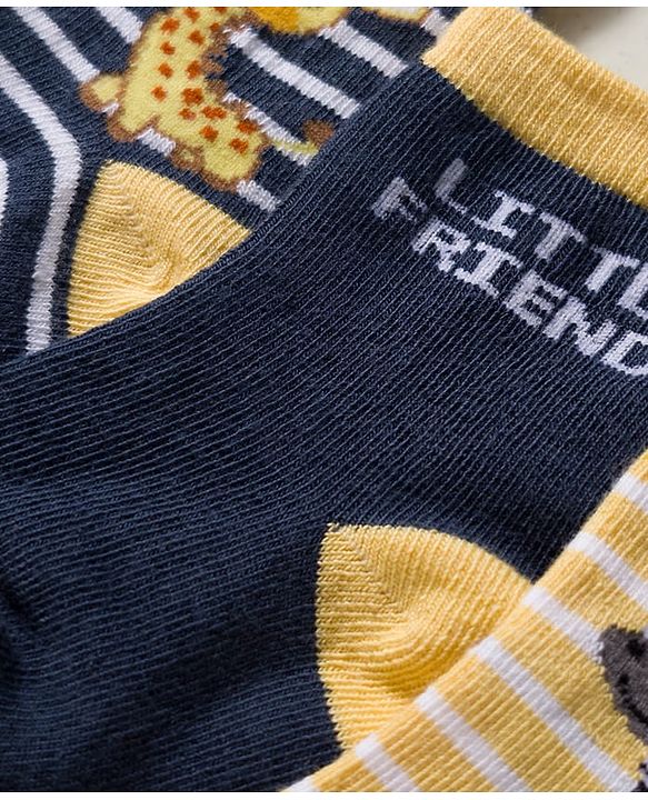 Cute Walk by Babyhug Knit Ankle Length Anti-bacterial Socks with Strips & Animal Pack of 3 - Yellow & Navy Blue