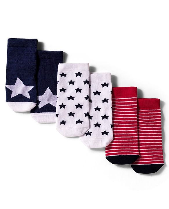 Cute Walk by Babyhug Knit Ankle Length Anti Bacterial Socks with Star & Stripe Design Pack of 3 -Navy Blue white & Red