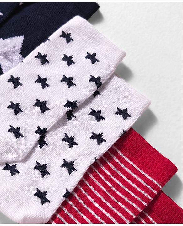 Cute Walk by Babyhug Knit Ankle Length Anti Bacterial Socks with Star & Stripe Design Pack of 3 -Navy Blue white & Red
