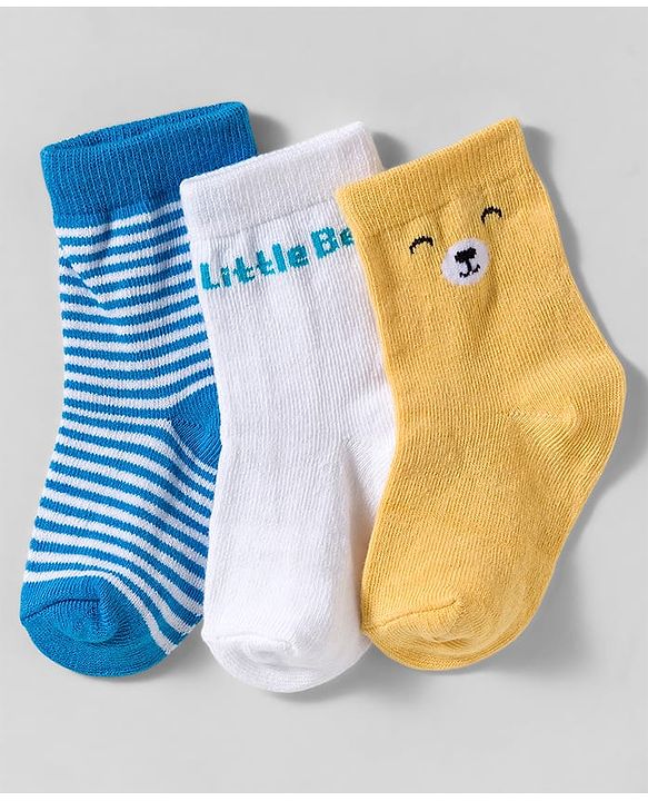 Cute Walk by Babyhug Knit Ankle Length Anti-Bacterial Socks with Stripes & Text Design Pack of 3 - Blue White & Mustered